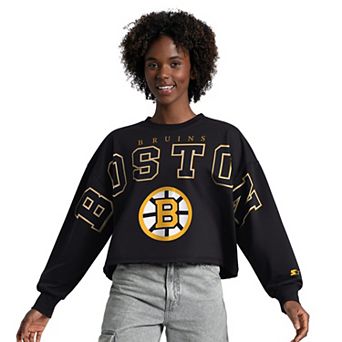 Women's Starter Black Boston Bruins Bleachers Cropped Drop Shoulder Sweatshirt