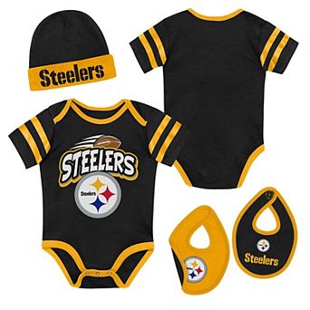 "Newborn Outerstuff Black Pittsburgh Steelers Pint Prodigy Bodysuit, Bib & Cuffed Knit Hat Set"