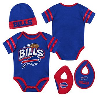 "Newborn Outerstuff Royal Buffalo Bills Pint Prodigy Bodysuit, Bib & Cuffed Knit Hat Set"