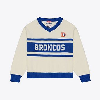 Women's Mitchell & Ness Cream/Royal Denver Broncos Retro Roots V-Neck Sweater