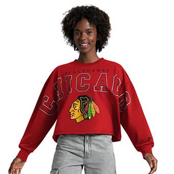 Women's Starter Red Chicago Blackhawks Bleachers Cropped Drop Shoulder Sweatshirt
