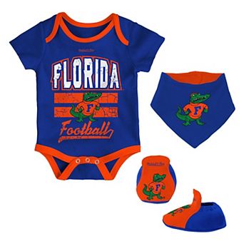 "Newborn & Infant Mitchell & Ness Royal Florida Gators 3-Pack Bodysuit, Bib and Bootie Set"