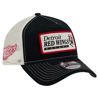 Men's New Era Black/White Detroit Red Wings Skater Patch A-Frame 9FORTY Adjustable Trucker Hat