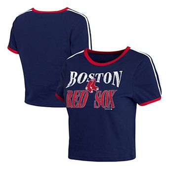 Women's WEAR by Erin Andrews Navy Boston Red Sox Cropped Throwback Ringer Baby T-Shirt
