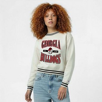 Women's Champion White Georgia Bulldogs Yarn Dye Rib Reverse Weave Crew Sweatshirt