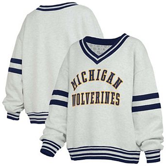 Women's Pressbox Gray/Navy Michigan Wolverines Tackle Twill Oates V-Neck Sweatshirt