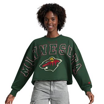 Women's Starter Green Minnesota Wild Bleachers Cropped Drop Shoulder Sweatshirt