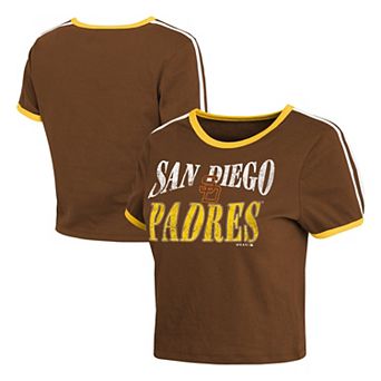 Women's WEAR by Erin Andrews Brown San Diego Padres Cropped Throwback Ringer Baby T-Shirt