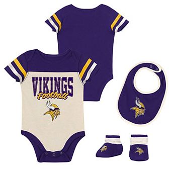 "Infant & Newborn Outerstuff Minnesota Vikings Up One Three-Piece Bodysuit, Bib & Booties Set"