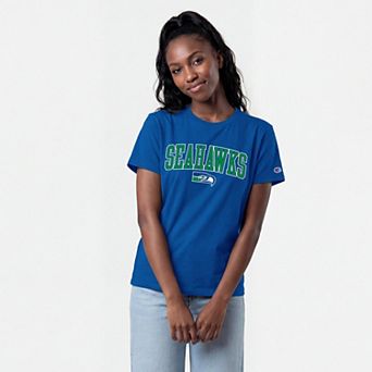 Women's Champion Royal Seattle Seahawks Arched Over Throwback Logo T-Shirt