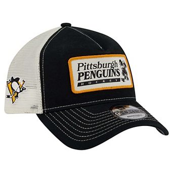 Men's New Era Black/White Pittsburgh Penguins Skater Patch A-Frame 9FORTY Adjustable Trucker Hat