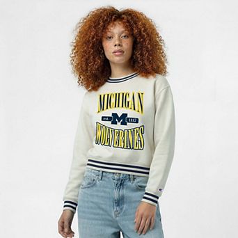 Women's Champion White Michigan Wolverines Yarn Dye Rib Reverse Weave Crew Sweatshirt