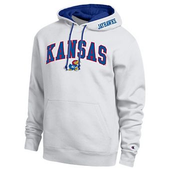 Men's Champion White Kansas Jayhawks Arch Tackle Twill Hoodie