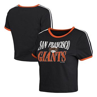 Women's WEAR by Erin Andrews Black San Francisco Giants Cropped Throwback Ringer Baby T-Shirt