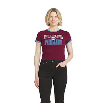 Women's WEAR by Erin Andrews Maroon Philadelphia Phillies Cropped Throwback Ringer Baby T-Shirt