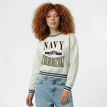 Women's Champion White Navy Midshipmen Yarn Dye Rib Reverse Weave Crew Sweatshirt