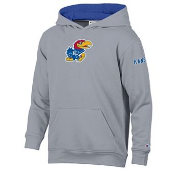 Youth Champion Heather Gray/Royal Kansas Jayhawks Volume Fleece Hoodie