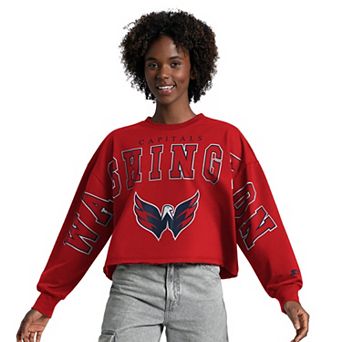 Women's Starter Red Washington Capitals Bleachers Cropped Drop Shoulder Sweatshirt