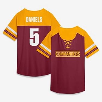 Women's Fanatics Jayden Daniels Burgundy Washington Commanders Curl Route Athena Lace-Up Name & Number Shirt