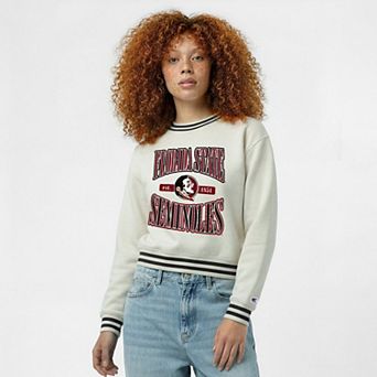 Women's Champion White Florida State Seminoles Yarn Dye Rib Reverse Weave Crew Sweatshirt