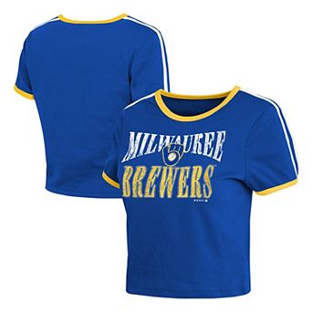 Women's WEAR by Erin Andrews Royal Milwaukee Brewers Cropped Throwback Ringer Baby T-Shirt
