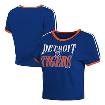 Women's WEAR by Erin Andrews Navy Detroit Tigers Cropped Throwback Ringer Baby T-Shirt