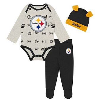 Newborn Outerstuff Heather Gray Pittsburgh Steelers Huddles & Giggles 3 pc Pant and Hat Set