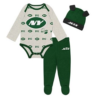 Newborn Outerstuff Heather Gray New York Jets Huddles & Giggles 3 pc Pant and Hat Set