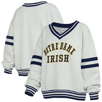 Women's Pressbox Gray/Navy Notre Dame Fighting Irish Tackle Twill Oates V-Neck Sweatshirt