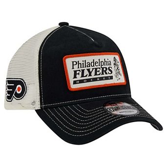 Men's New Era Black/White Philadelphia Flyers Skater Patch A-Frame 9FORTY Adjustable Trucker Hat
