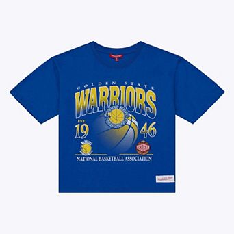 Women's Mitchell & Ness Royal Golden State Warriors Street Graphic Boxy Crop T-Shirt