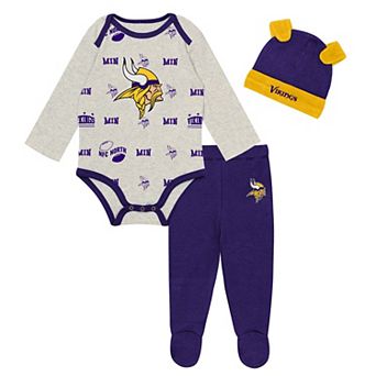 Newborn Outerstuff Heather Gray Minnesota Vikings Huddles & Giggles 3 pc Pant and Hat Set