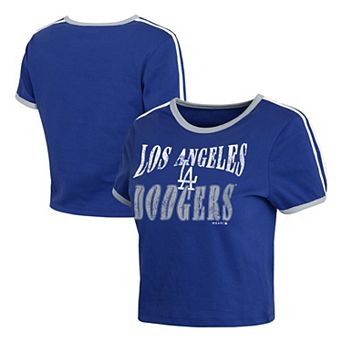 Women's WEAR by Erin Andrews Royal Los Angeles Dodgers Cropped Throwback Ringer Baby T-Shirt