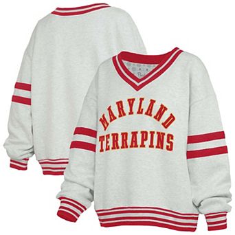 Women's Pressbox Gray/Red Maryland Terrapins Tackle Twill Oates V-Neck Sweatshirt