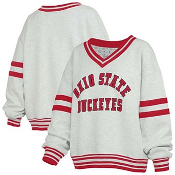 Women's Pressbox Gray/Scarlet Ohio State Buckeyes Tackle Twill Oates V-Neck Sweatshirt