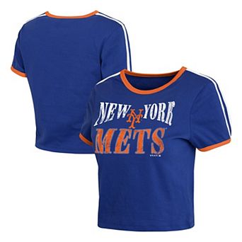 Women's WEAR by Erin Andrews Royal New York Mets Cropped Throwback Ringer Baby T-Shirt