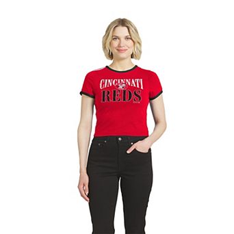 Women's WEAR by Erin Andrews Red Cincinnati Reds Cropped Throwback Ringer Baby T-Shirt