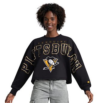 Women's Starter Black Pittsburgh Penguins Bleachers Cropped Drop Shoulder Sweatshirt