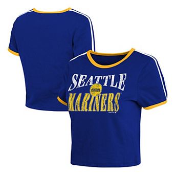 Women's WEAR by Erin Andrews Navy Seattle Mariners Cropped Throwback Ringer Baby T-Shirt