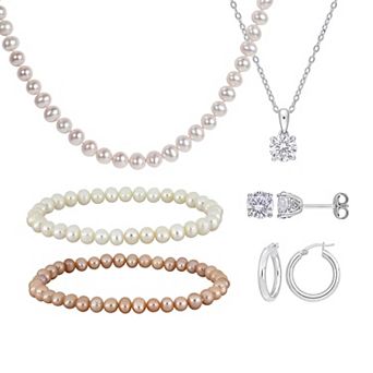 Stella Grace Sterling Silver Lab-Created White Sapphire & Freshwater Cultured Pearl 5 pc Set
