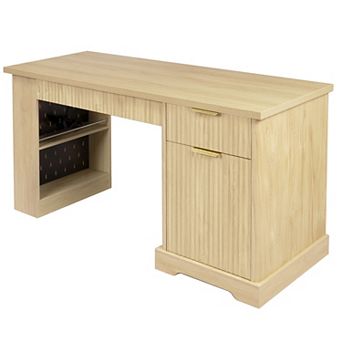 KTMBDW 55" Modern Fluted Office Desk with Storage Cabinet & Drawers, Computer Desk with Power Outlet