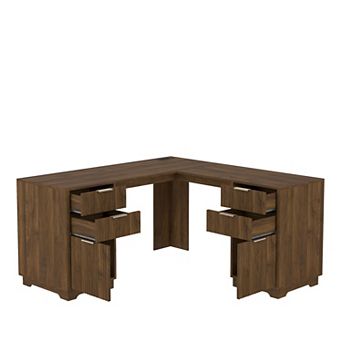 KTMBDW Fluted L Shaped Desk with Storage, Computer Desk with Drawers & Charging, Modern Corner Desk