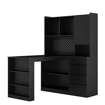 KTMBDW Modern L Shaped Desk with Charger, Corner Computer Desk with Drawers & Bookshelf for Bedroom