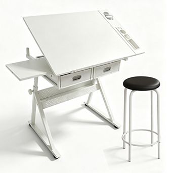 Drafting Table Art Desk Art Table Adjustable Drawing Table Tilted Tabletop, 2 Storage Drawers, Stool