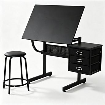 Adjustable Drafting Table Art Desk, Tilts 0-70°, Storage Drawers & Stool, Drawing Desk Artist Table