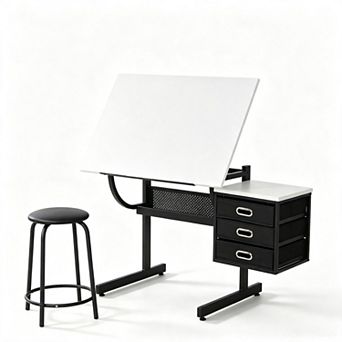 Adjustable Drafting Table Art Desk, Tilts 0-70°, Storage Drawers & Stool, Drawing Desk Artist Table