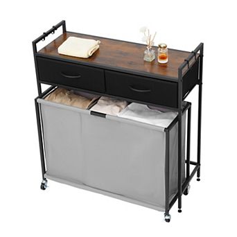 3 Section Laundry Sorter, Rolling Laundry Hamper with Drawers, Hooks, Pull-Out Bags, Wooden Tabletop