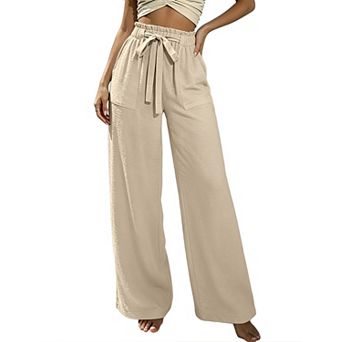 XuBa Women's Wide Leg Pants Ruffle Drawstring Casual Trousers with Pockets Summer Beach Pants