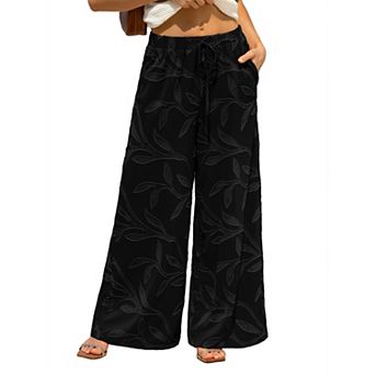 XuBa Women's Leaf Cutout Jacquard Wide Leg Pants Casual Trousers with Pockets Summer Resort Pants