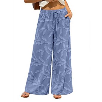 XuBa Women's Leaf Cutout Jacquard Wide Leg Pants Casual Trousers with Pockets Summer Resort Pants